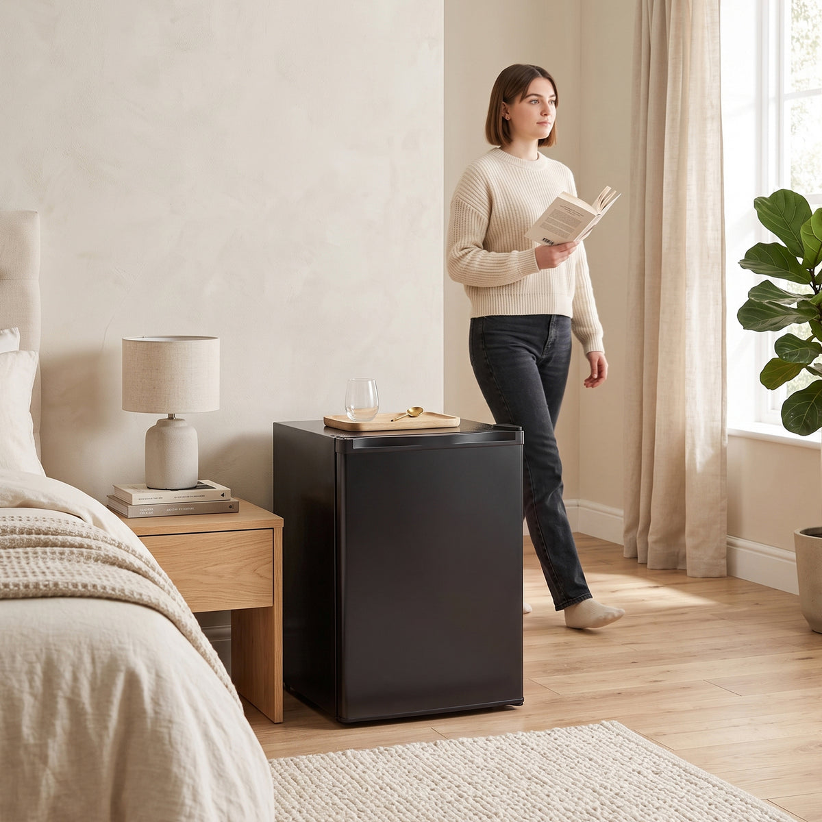 Black mini fridge placed next to bed in a home bedroom