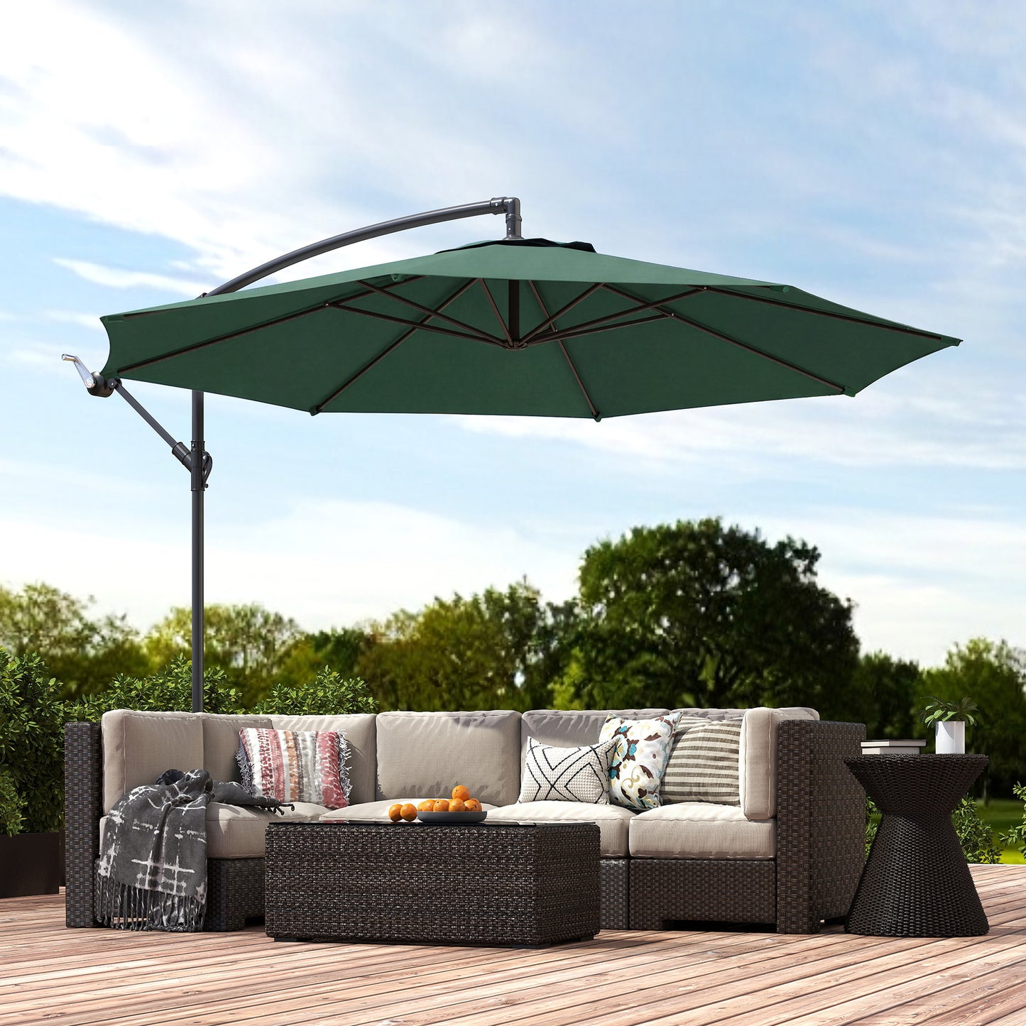 Outsunny 3 M Overhanging Cantilever Parasol With Cross Base Dark Green UV Resistant Outdoor Garden Shade