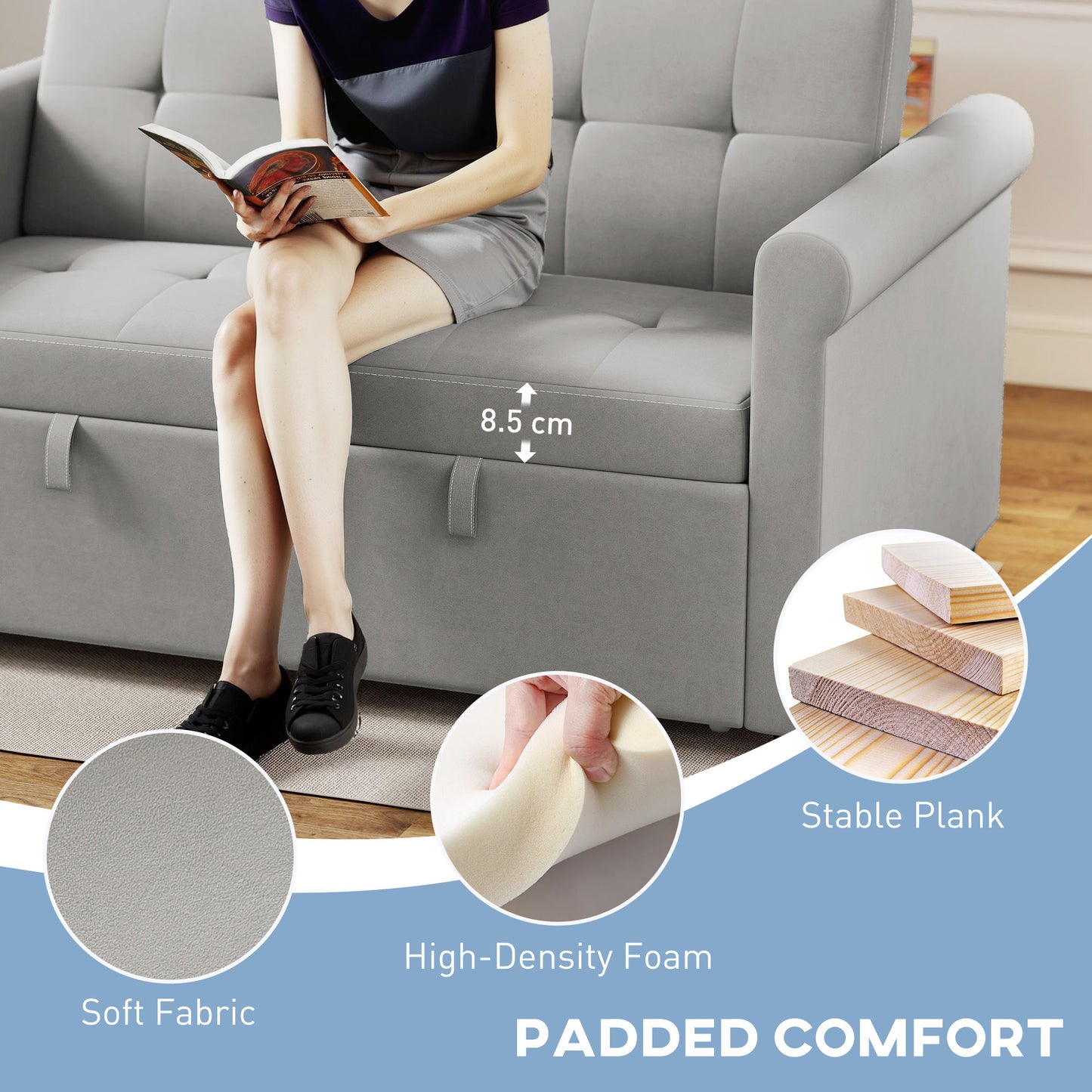 HOMCOM Two-Seater Velvet-Feel Sofa Bed Grey With Adjustable Back and High-Density Foam