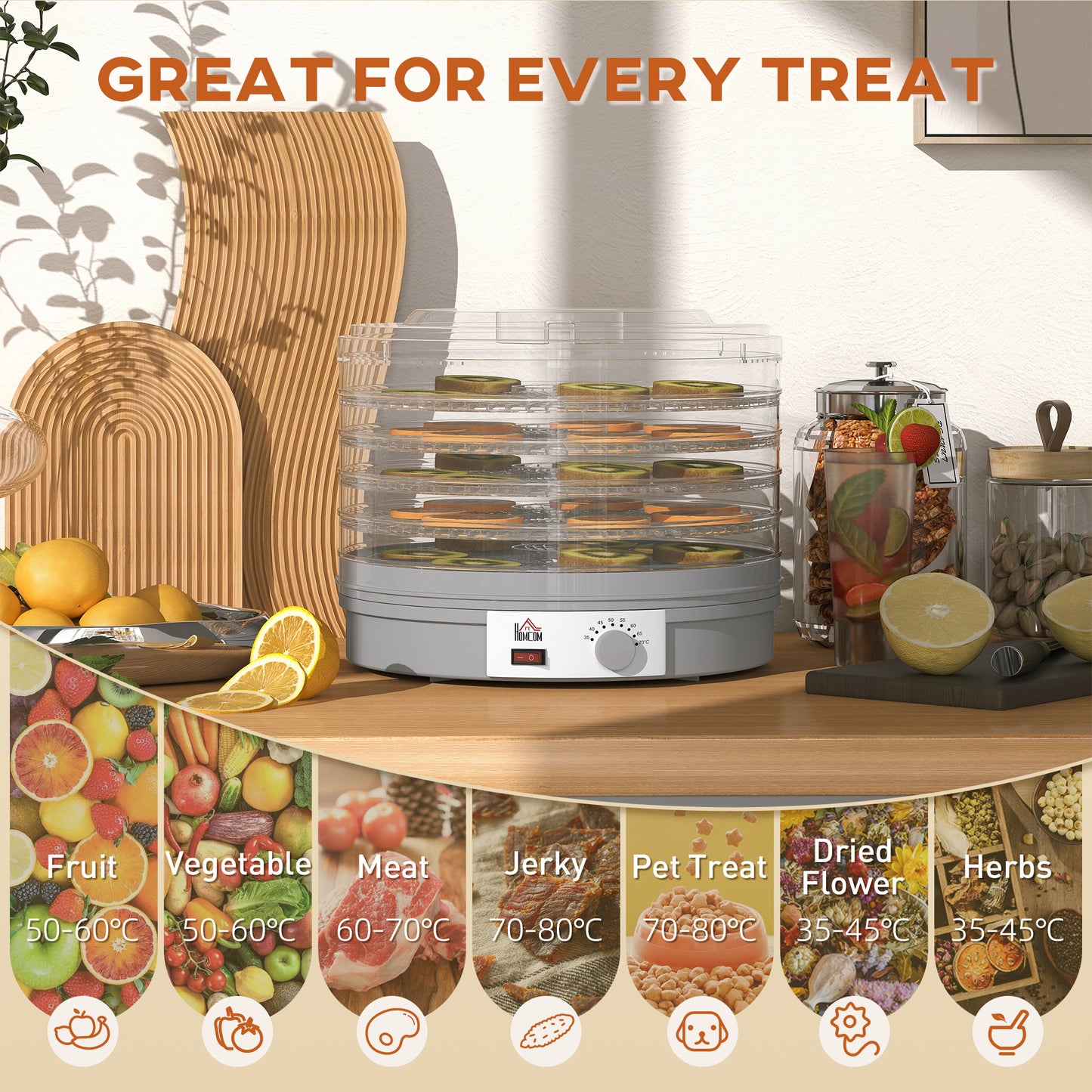 HOMCOM 5-Tier Food Dehydrator 245W With Adjustable Temperature 35 To 70 C For Fruit Meat Veg Jerky And Pet Treats Grey