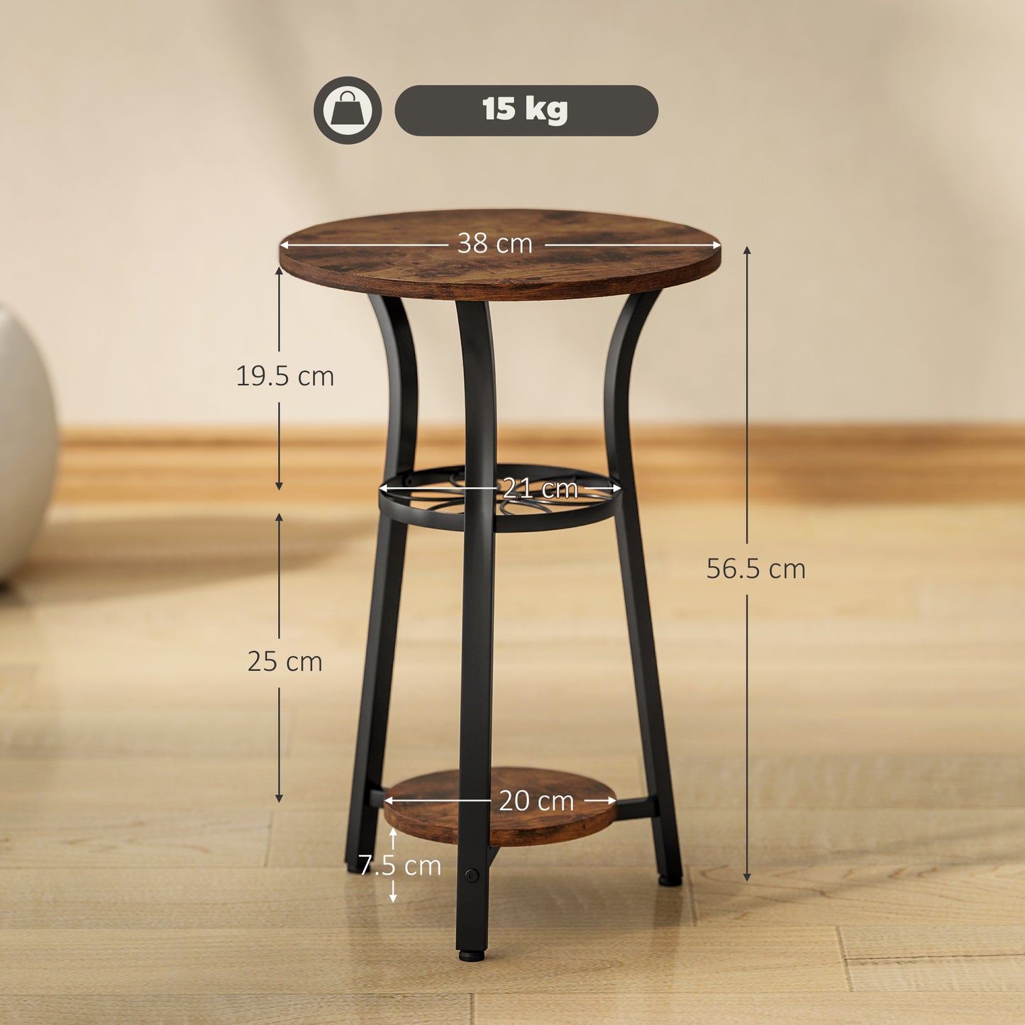 HOMCOM Small Round Side Table With Three Storage Shelves Rustic Brown And Black Metal Frame End Table