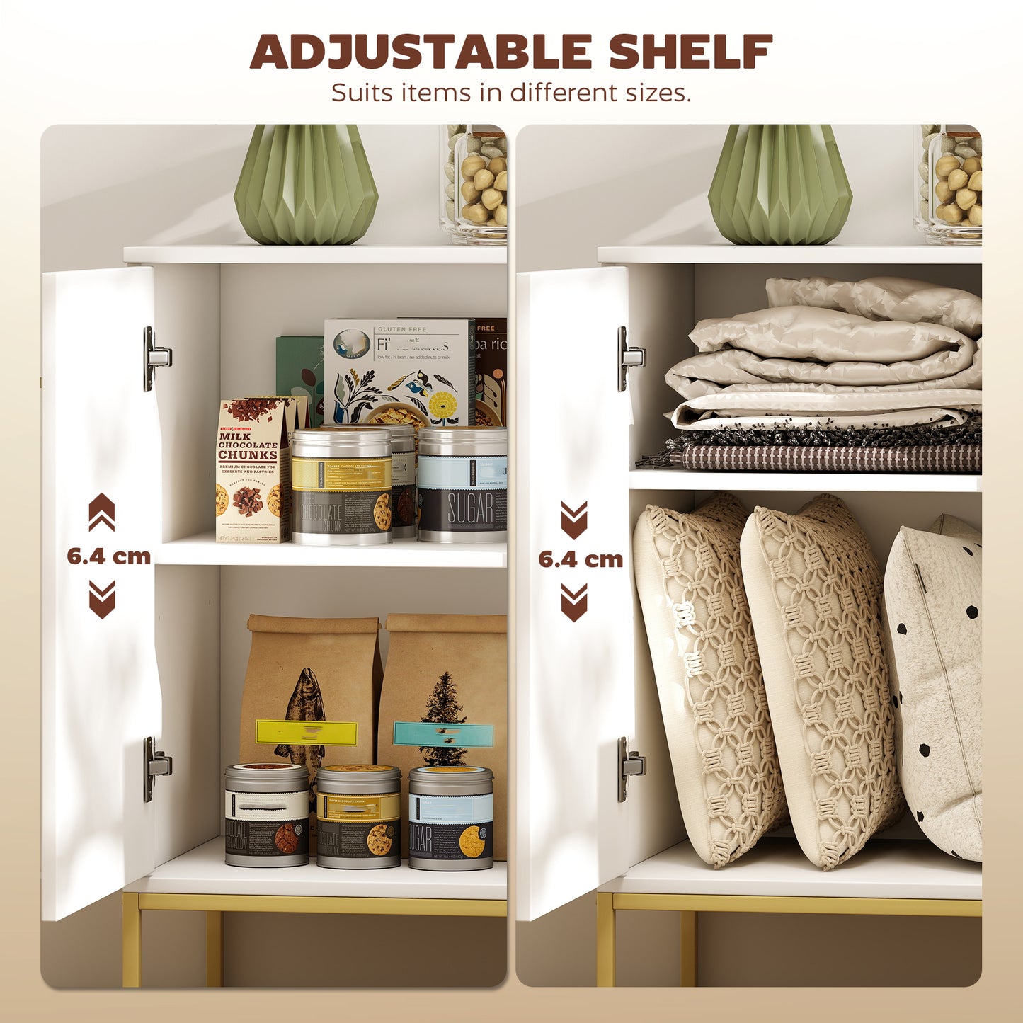 HOMCOM Modern White And Gold Sideboard With Storage Two Cupboards Three Drawers Adjustable Shelves
