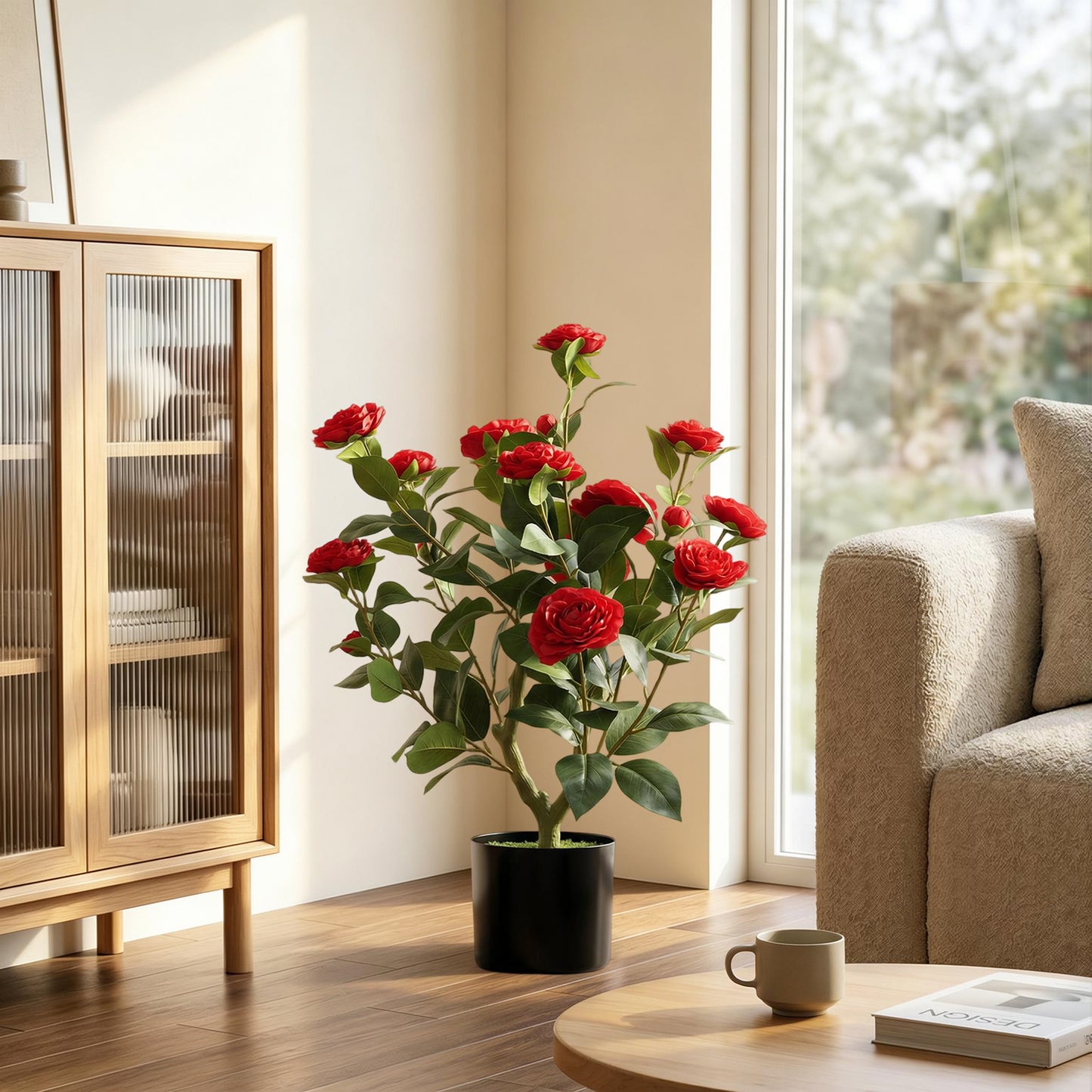 HOMCOM 65cm Artificial Camellia Flower Plant In Pot With 116 Lush Leaves And Moss Effect Red Silk Blossoms Weighted Base