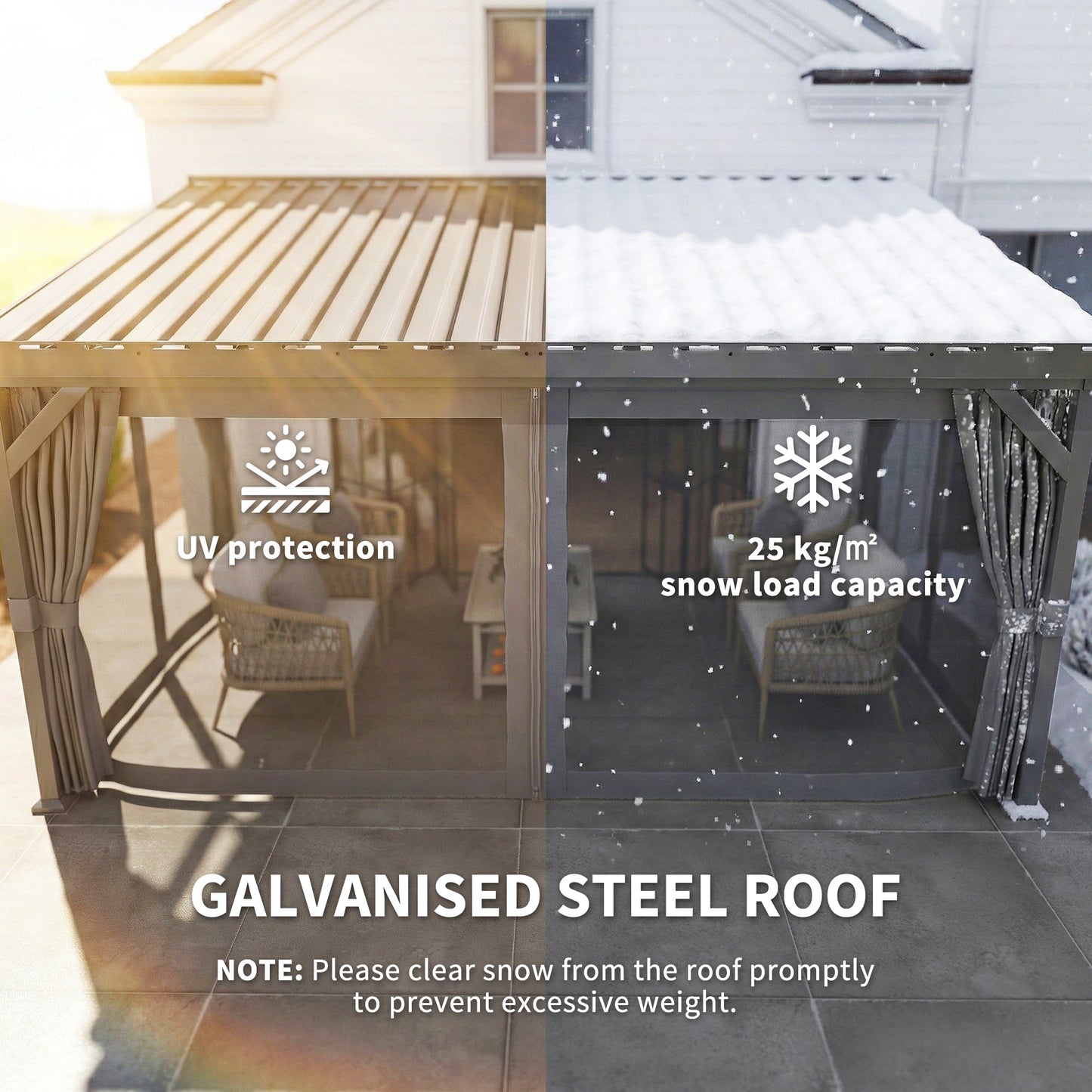 Outsunny 4.3m By 3m Garden Pergola With Galvanized Steel Roof Lean To Gazebo With Netting Curtains Dark Grey