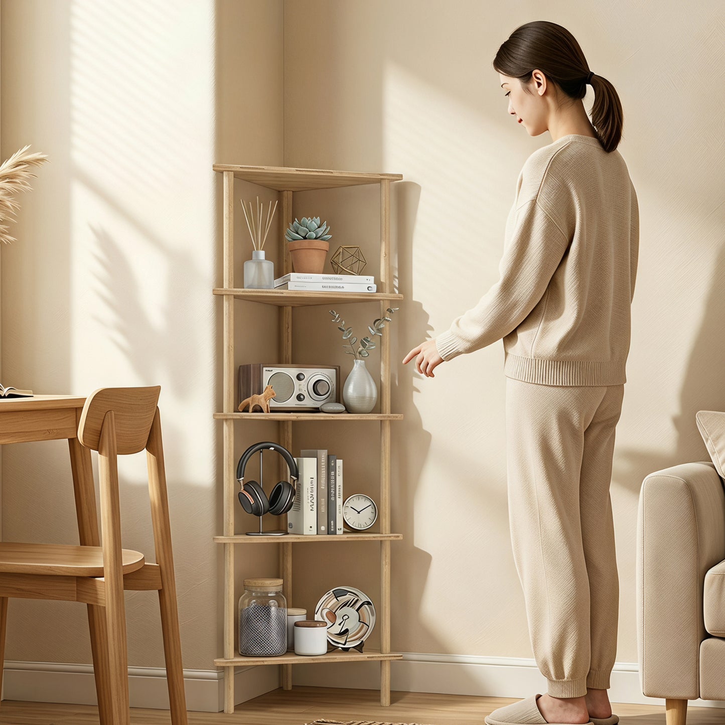 HOMCOM Bamboo Storage Shelf Five Tier Corner Shelf Freestanding Shelving Unit Living Room Natural Wood Finish