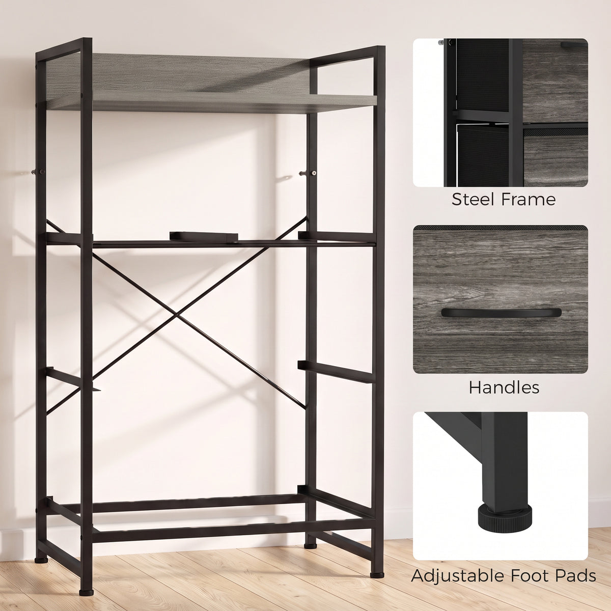 Black steel frame dresser with cross brace and adjustable foot pads, four drawer fronts