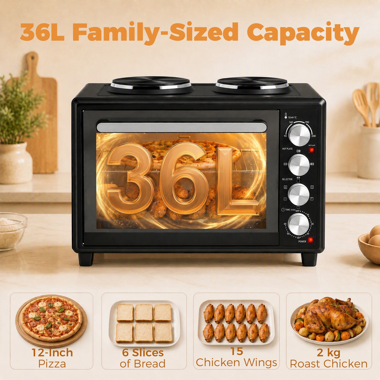 HOMCOM 36L Countertop Convection Oven With Dual Hot Plates And Adjustable Temperature
