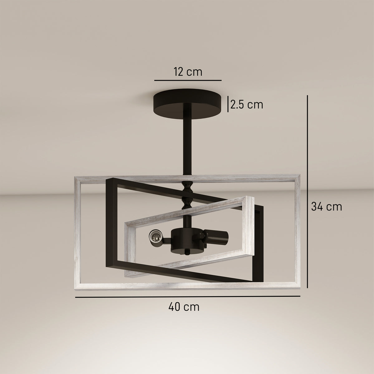 Industrial ceiling light with black canopy and pine-wood & black metal rectangular frame