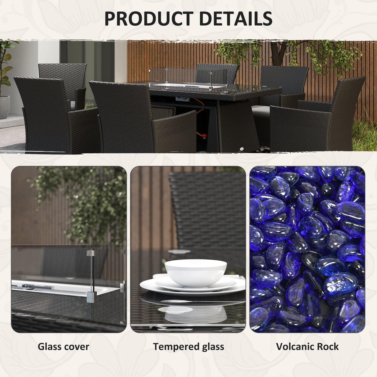 Outsunny 7 Piece Outdoor Rattan Garden Furniture Set With Fire Pit Table 6 Chairs 50000 BTU Propane Heater Black