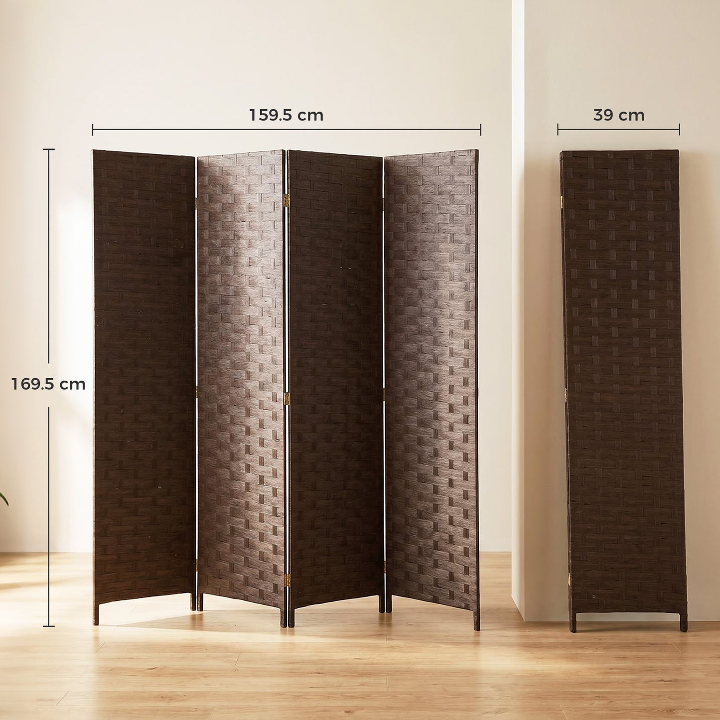 HOMCOM Wave Fibre Freestanding Folding Privacy Screen Four Panels Room Divider Dark Brown
