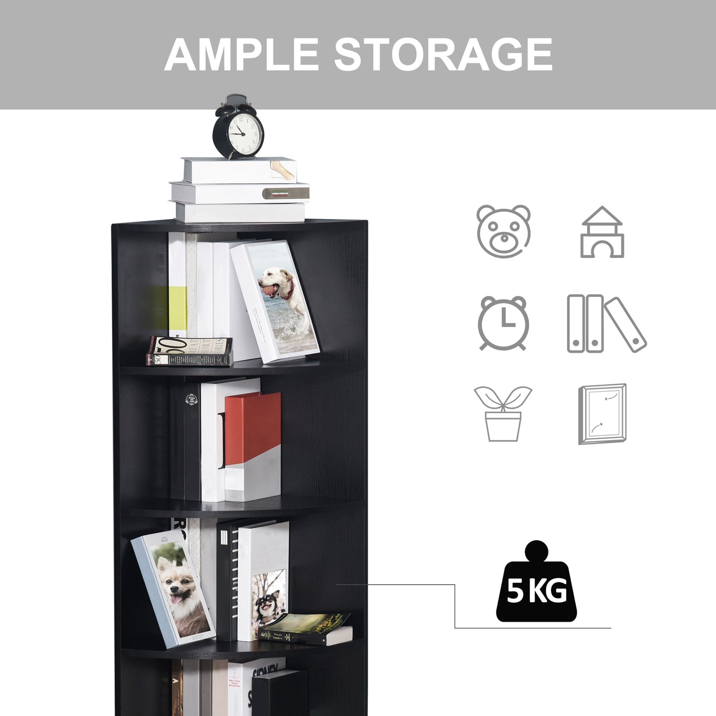 HOMCOM Modern Black 4-Tier Corner Bookshelf with Freestanding Design for Storage and Display - ALL4U RETAILER LTD