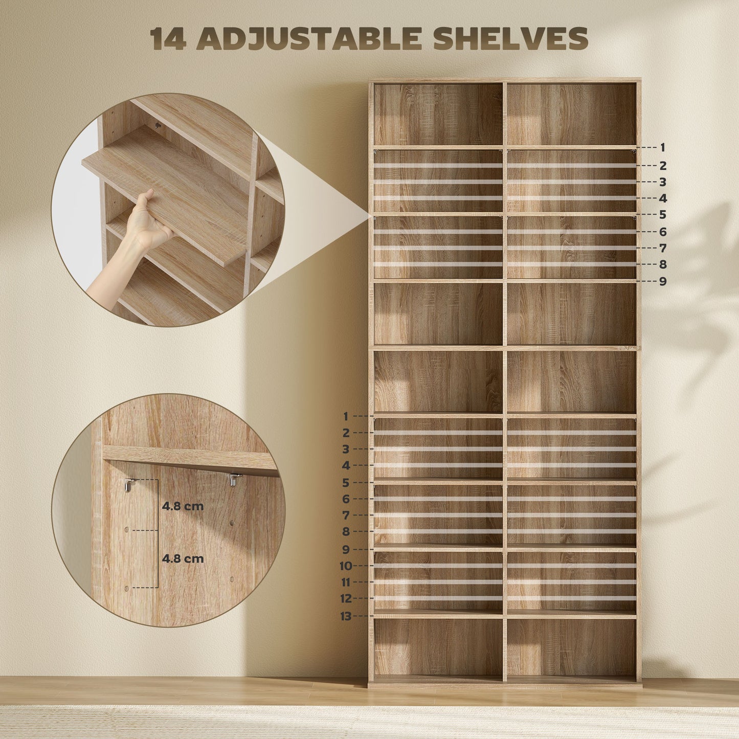 HOMCOM 640 CD Storage Tower In Nature Wood Finish With 14 Adjustable Shelves And Anti Tipping Design