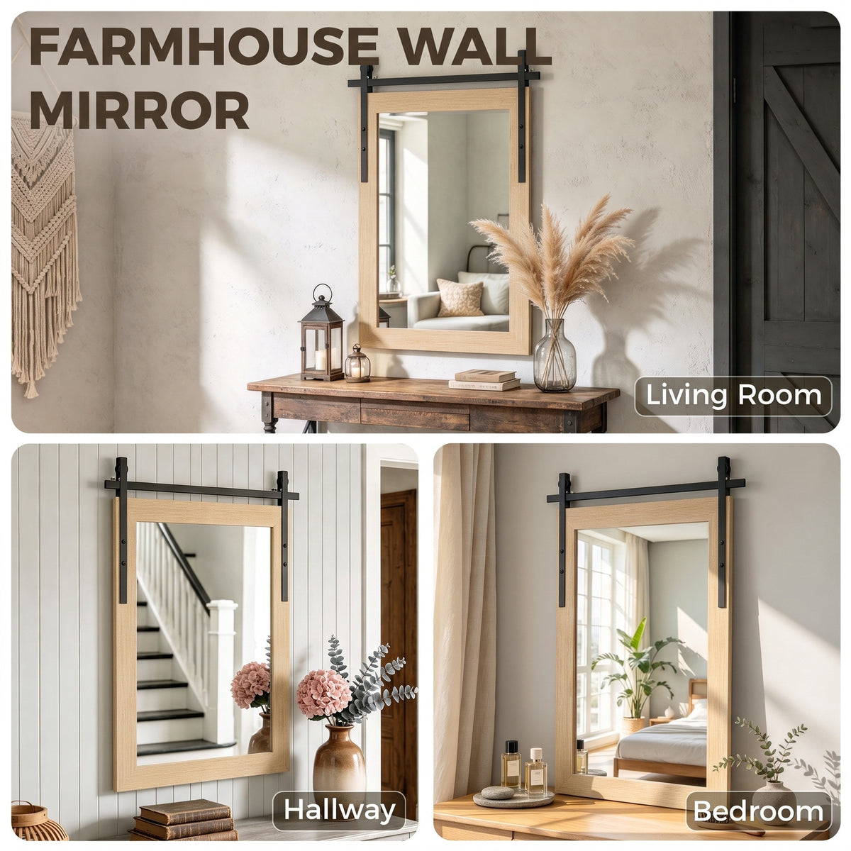 Wall mirror with wood-look frame and black metal sliding-door style accents