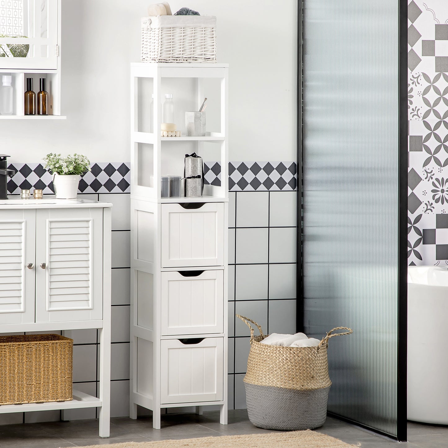 HOMCOM Narrow Floor Cabinet White With 3 Drawers And 2 Open Shelves For Bathroom And Kitchen Use 30W x 30D x 141.6H cm