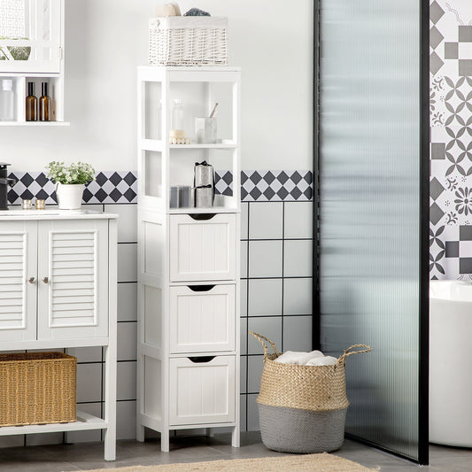 HOMCOM Narrow Floor Cabinet White With 3 Drawers And 2 Open Shelves For Bathroom And Kitchen Use 30W x 30D x 141.6H cm