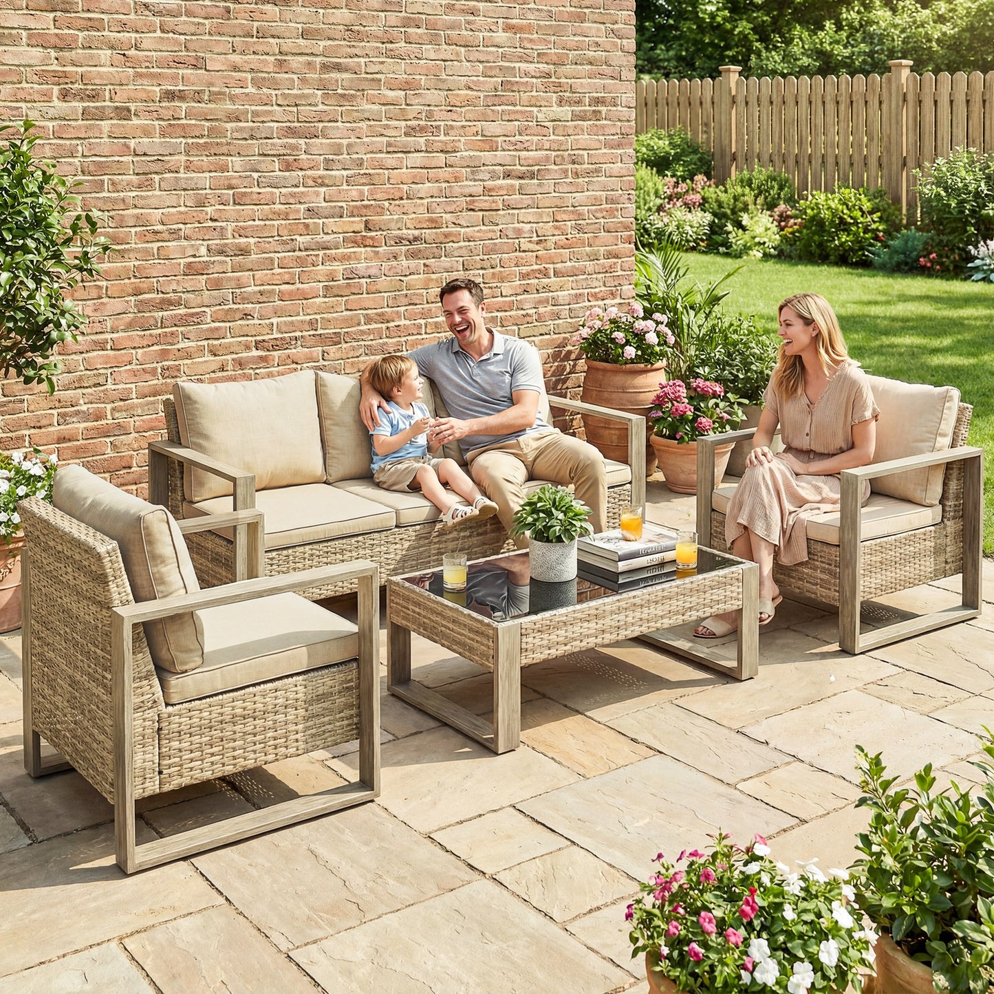 Outsunny 4 Piece Rattan Garden Furniture Set 3 Seater Sofa Armchairs Table Aluminium Frame Patio Conversation Khaki