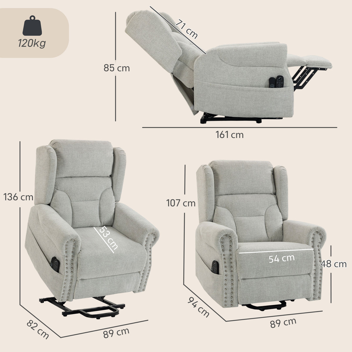 HOMCOM Chenille Power Lift Recliner Chair With Massage And Heat Light Grey