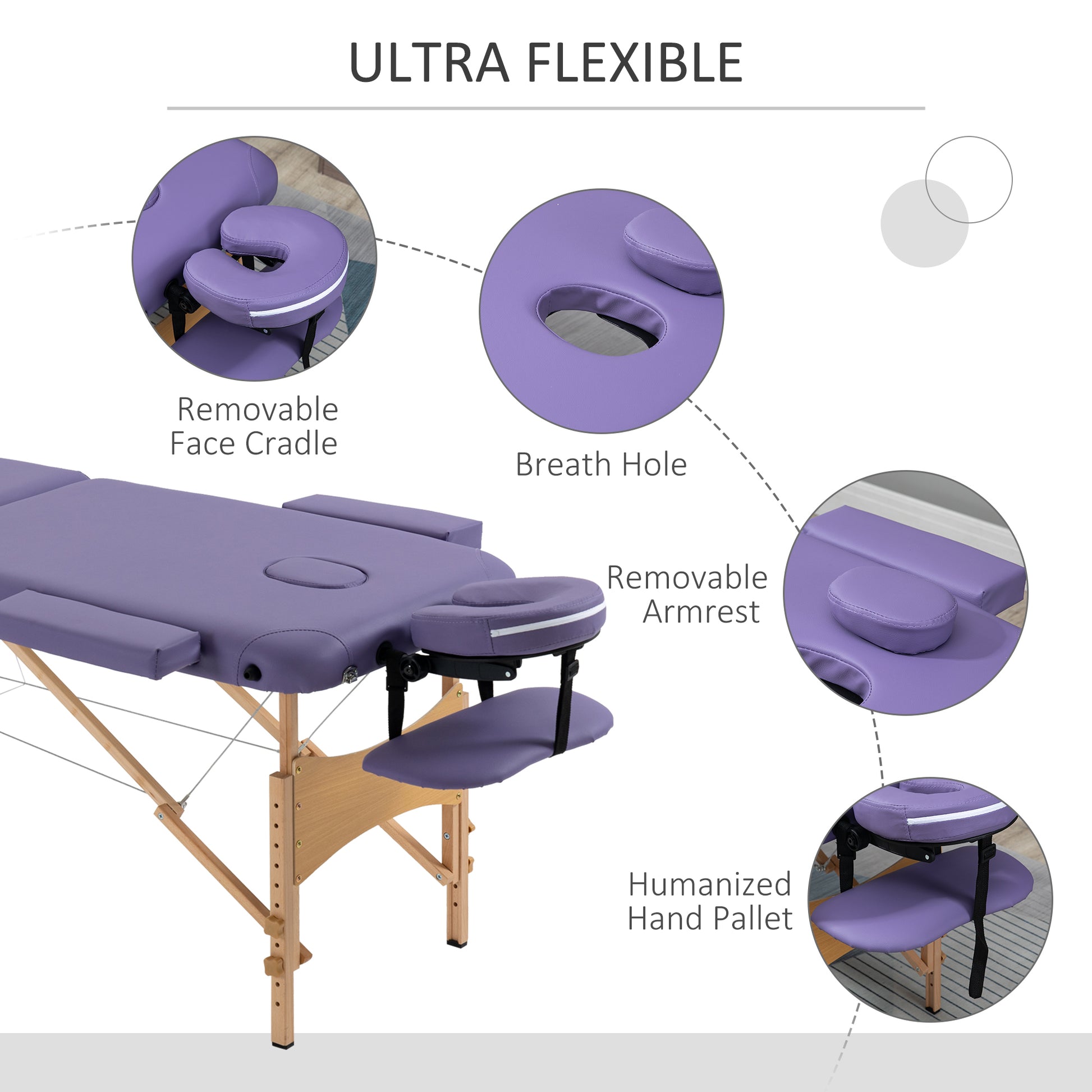 HOMCOM Adjustable Folding Massage Table with Carry Bag, 2-Section Spa Bed, Wooden Frame, Purple - ALL4U RETAILER LTD