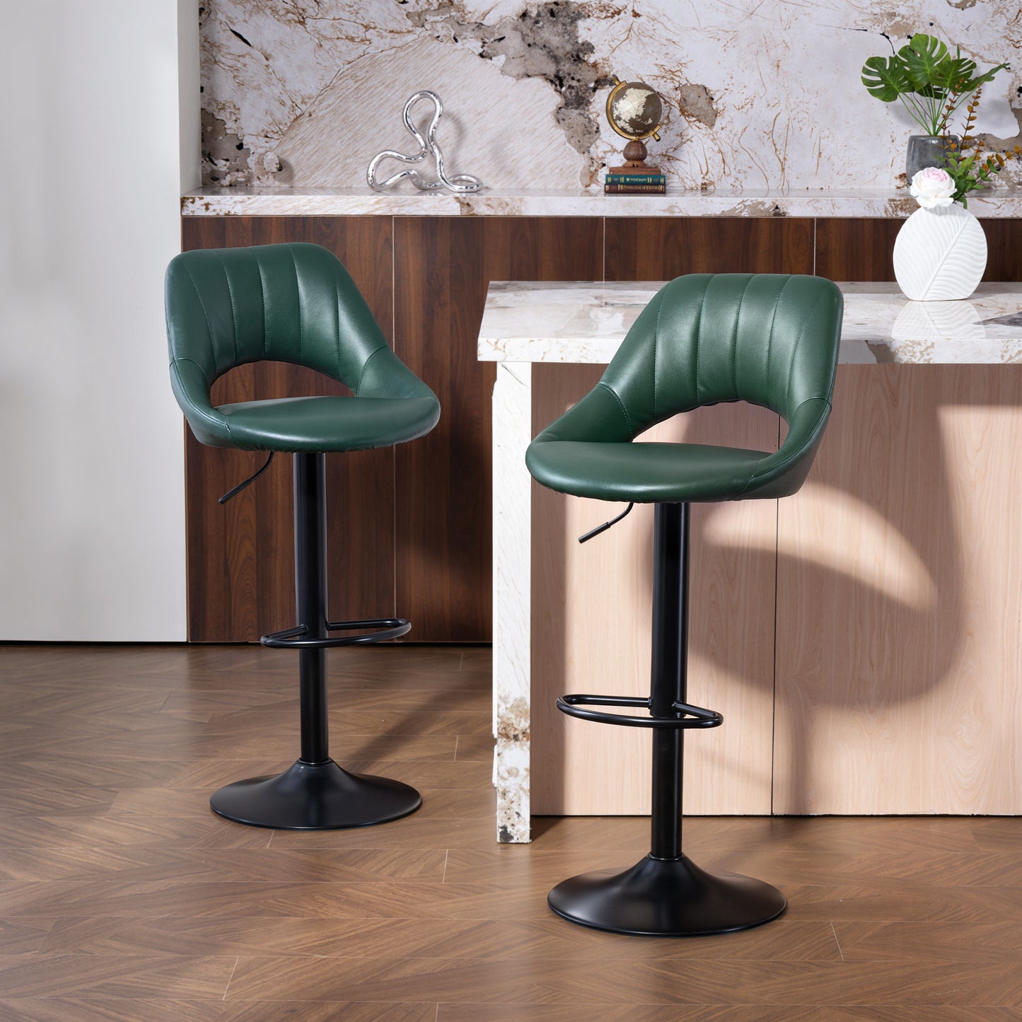HOMCOM Set of Two Faux Leather Bar Stools Dark Green Adjustable Height 87 to 109 cm 360 Degree Swivel Comfort Foam