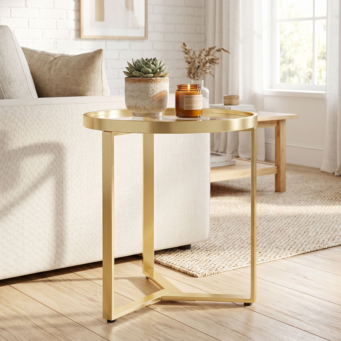 HOMCOM Round Glass Side Table With Tempered Glass Top And Geometric Metal Frame For Small Space Gold Tone
