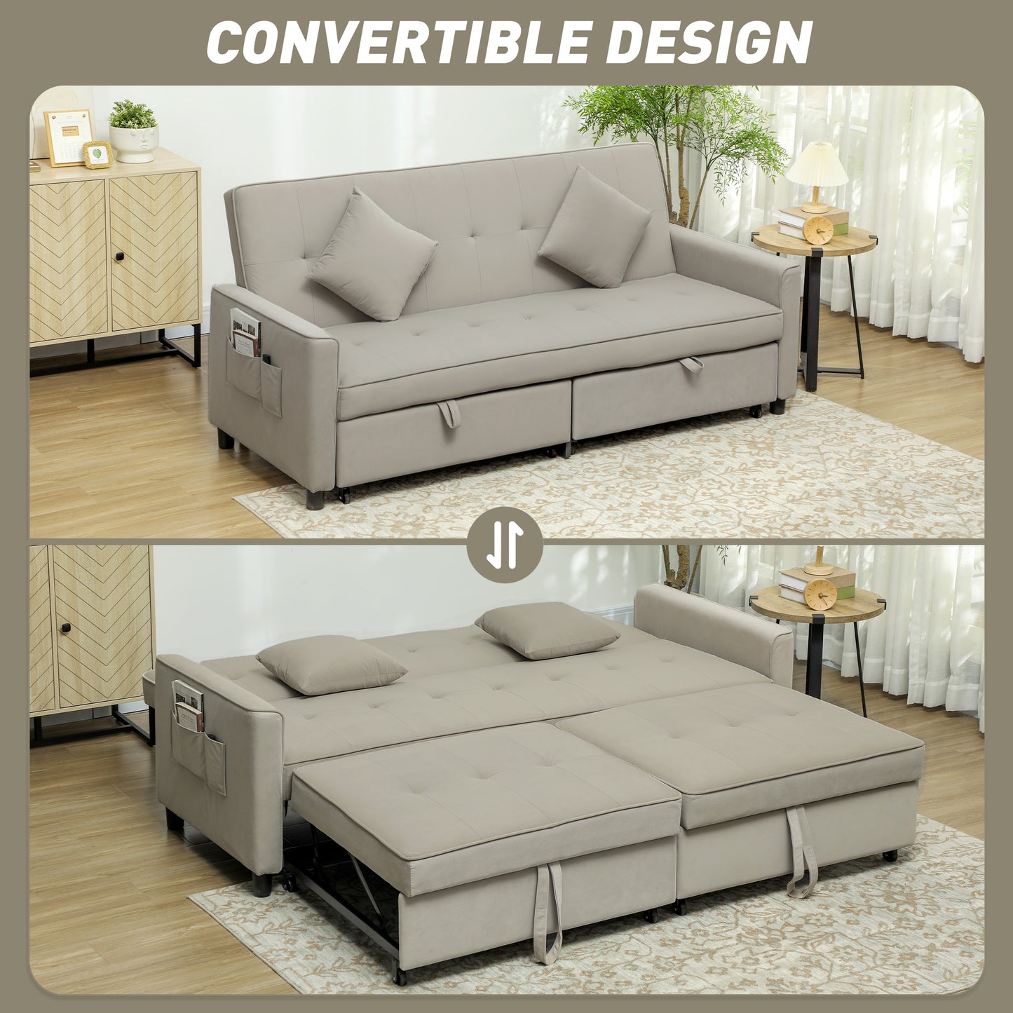 HOMCOM Velvet Feel Three Seater Sofa Bed With Click Clack Function And Wheels Beige
