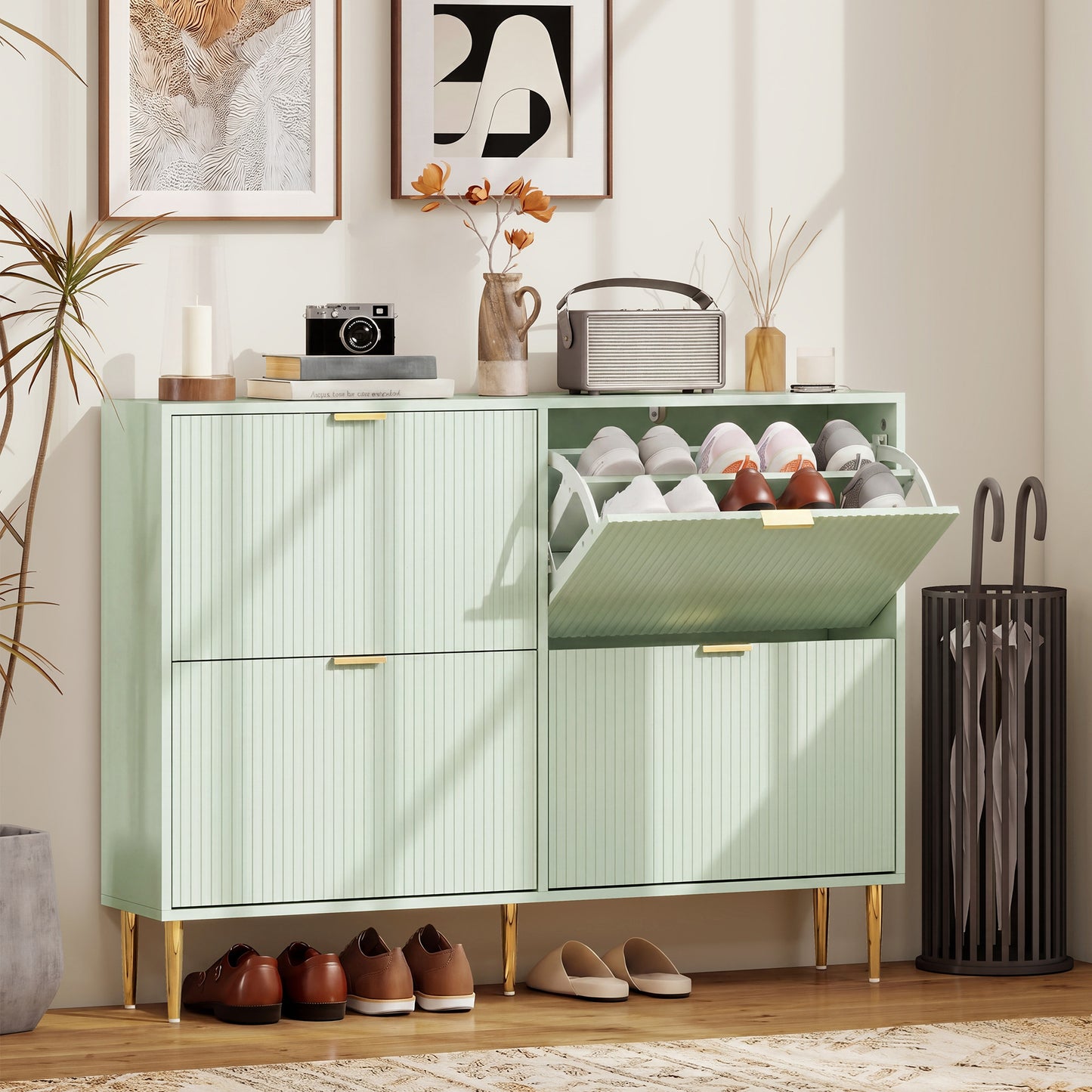 HOMCOM Elegant Four Drawer Shoe Cabinet in Light Green with Ridged Doors and Gold Accents Holds 10 to 20 Pairs