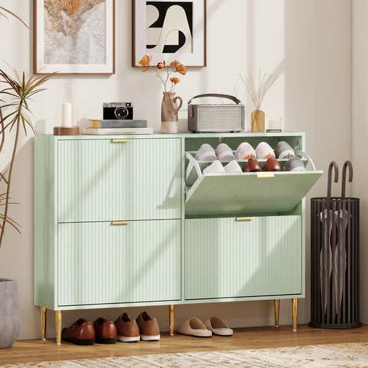 HOMCOM Elegant Four Drawer Shoe Cabinet in Light Green with Ridged Doors and Gold Accents Holds 10 to 20 Pairs