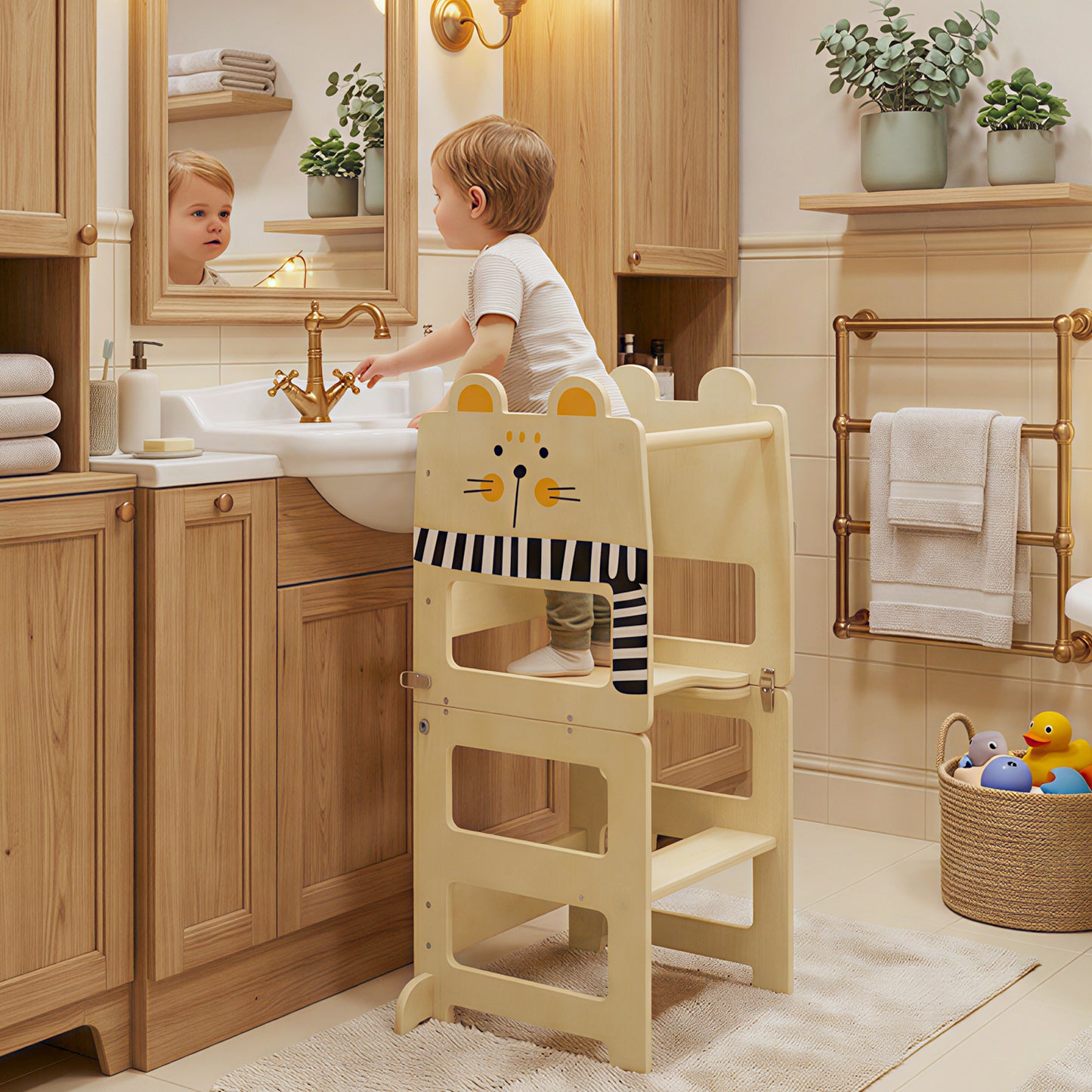 AIYAPLAY Cat Shaped Toddler Step Stool With Chalkboard Standing Tower Three In One Desk Conversion Kitchen Counter
