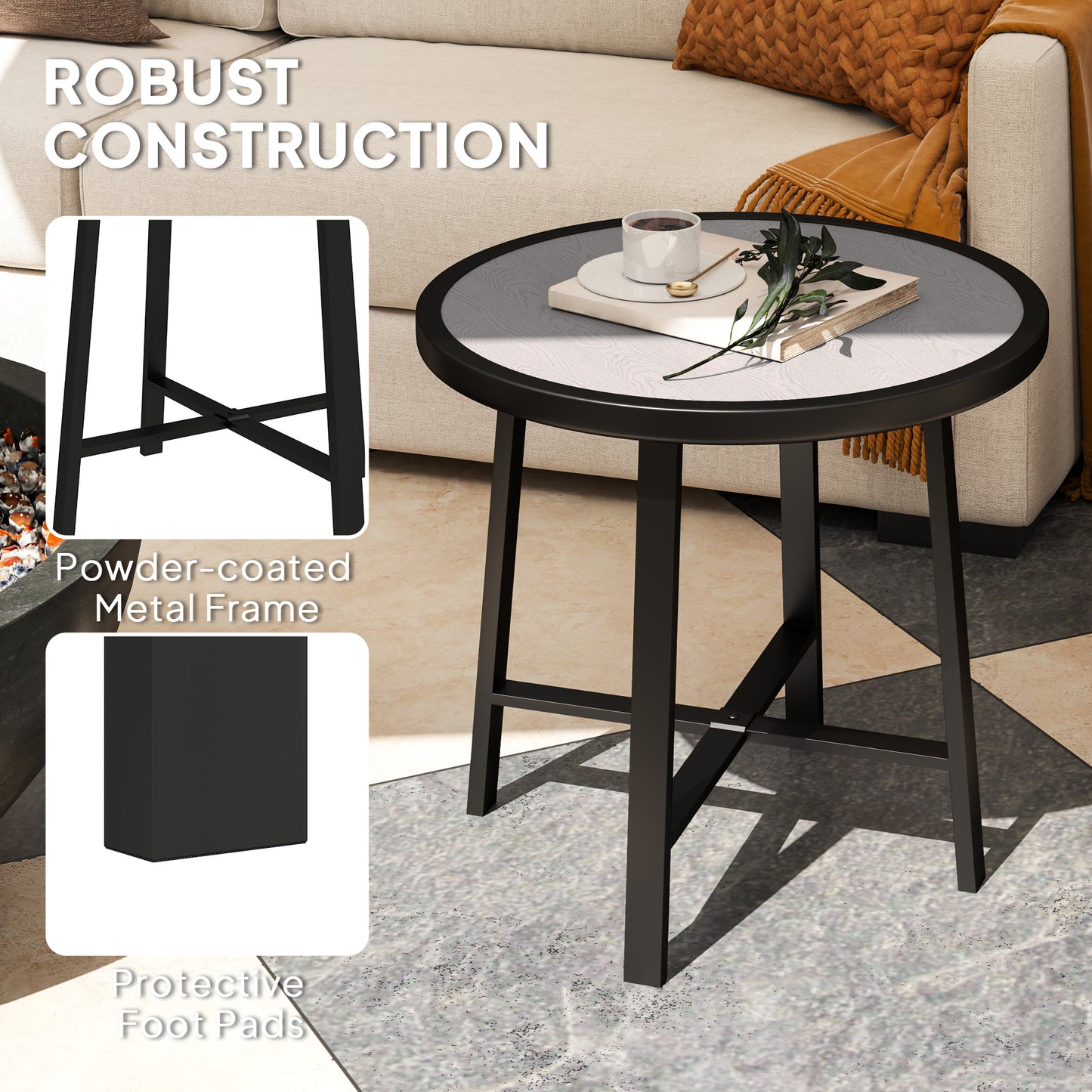 Outsunny Round Garden Table 50.5cm With SPC Tabletop Powder Coated Metal Frame Grey Wood Effect Anti Slip Feet