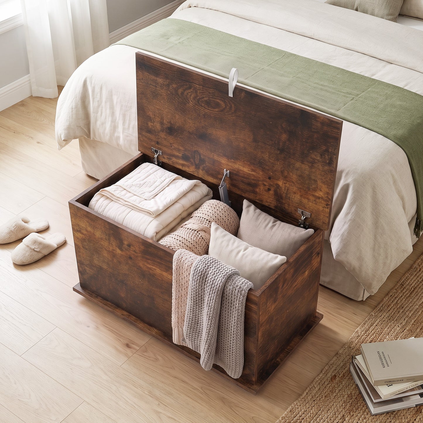 HOMCOM Rustic Brown Storage Bench 102L Blanket Box With Safety Hinged Lid And Shoe Holder