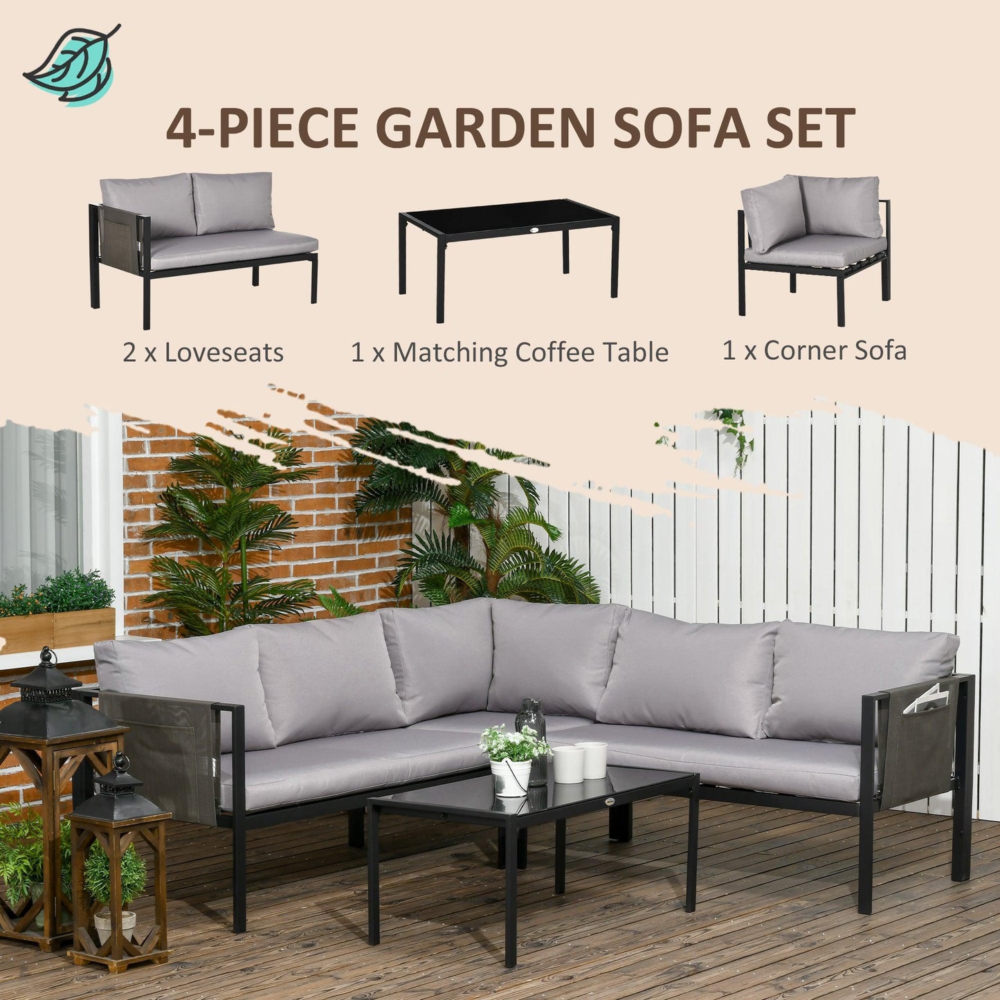 Outsunny 4 Piece Garden Furniture Set w/ Breathable Mesh Pocket, Light Grey - ALL4U RETAILER LTD