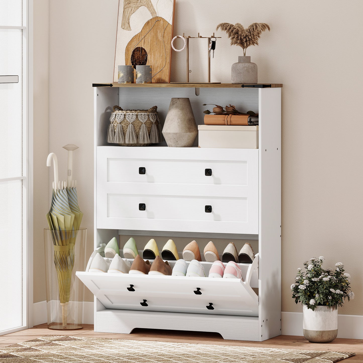 HOMCOM Narrow White Hallway Shoe Cabinet With Two Flip Drawers Holds 12 To 16 Pairs Adjustable Shelves