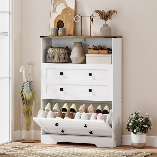 HOMCOM Narrow White Hallway Shoe Cabinet With Two Flip Drawers Holds 12 To 16 Pairs Adjustable Shelves