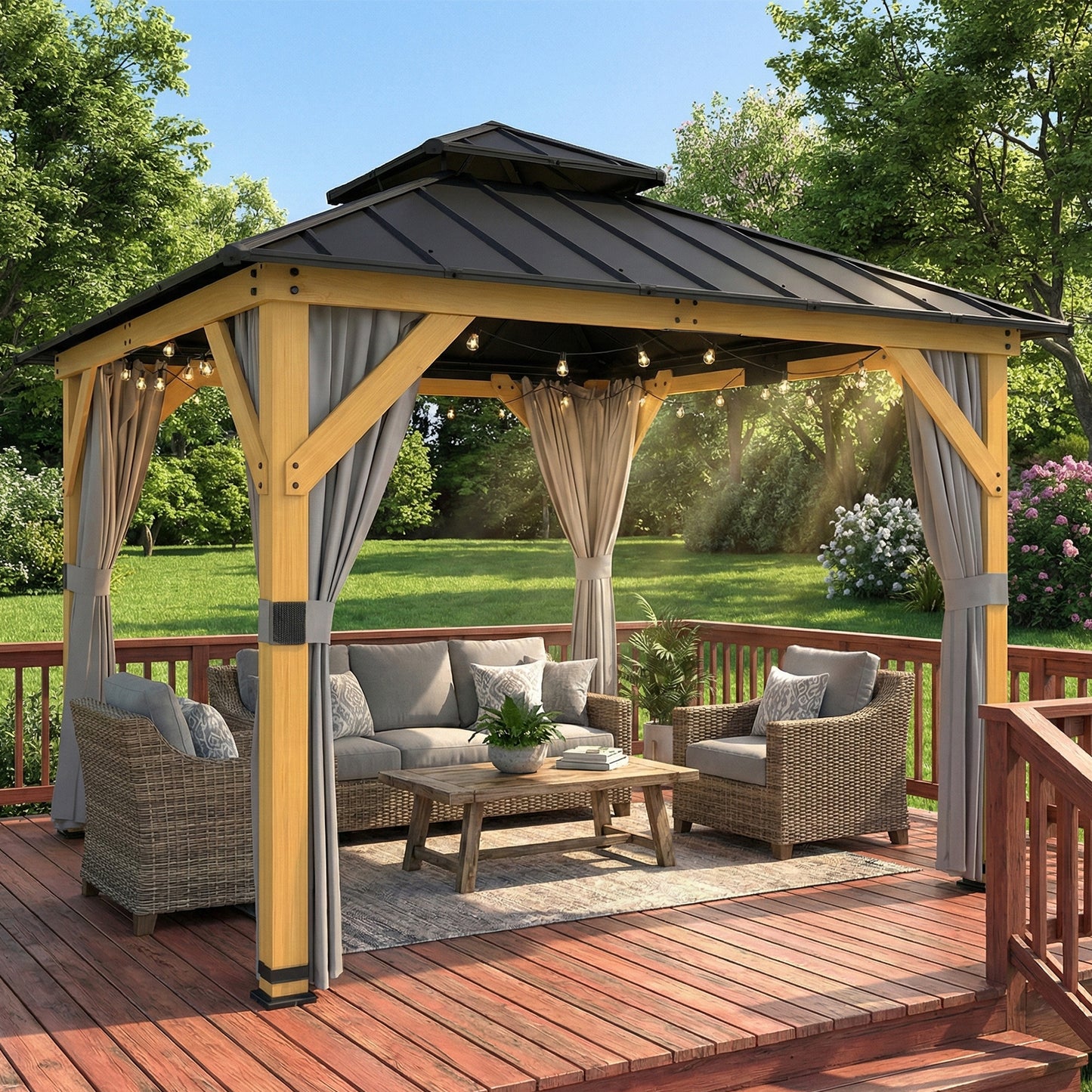 Outsunny 3m x 3m Hardtop Gazebo With Curtains Wood Garden Grey 2 Tier Steel Roof Rainproof Sun Protection UPF50
