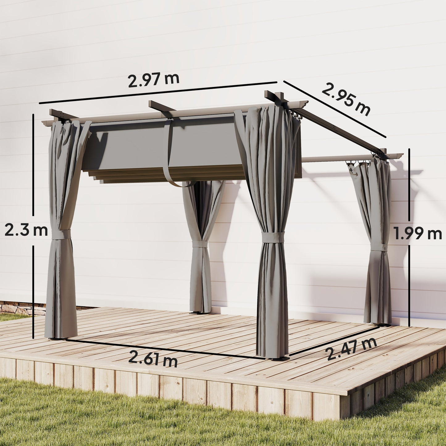 Outsunny 3 X 3 M Retractable Roof Pergola With Curtains Light Grey Outdoor Shade