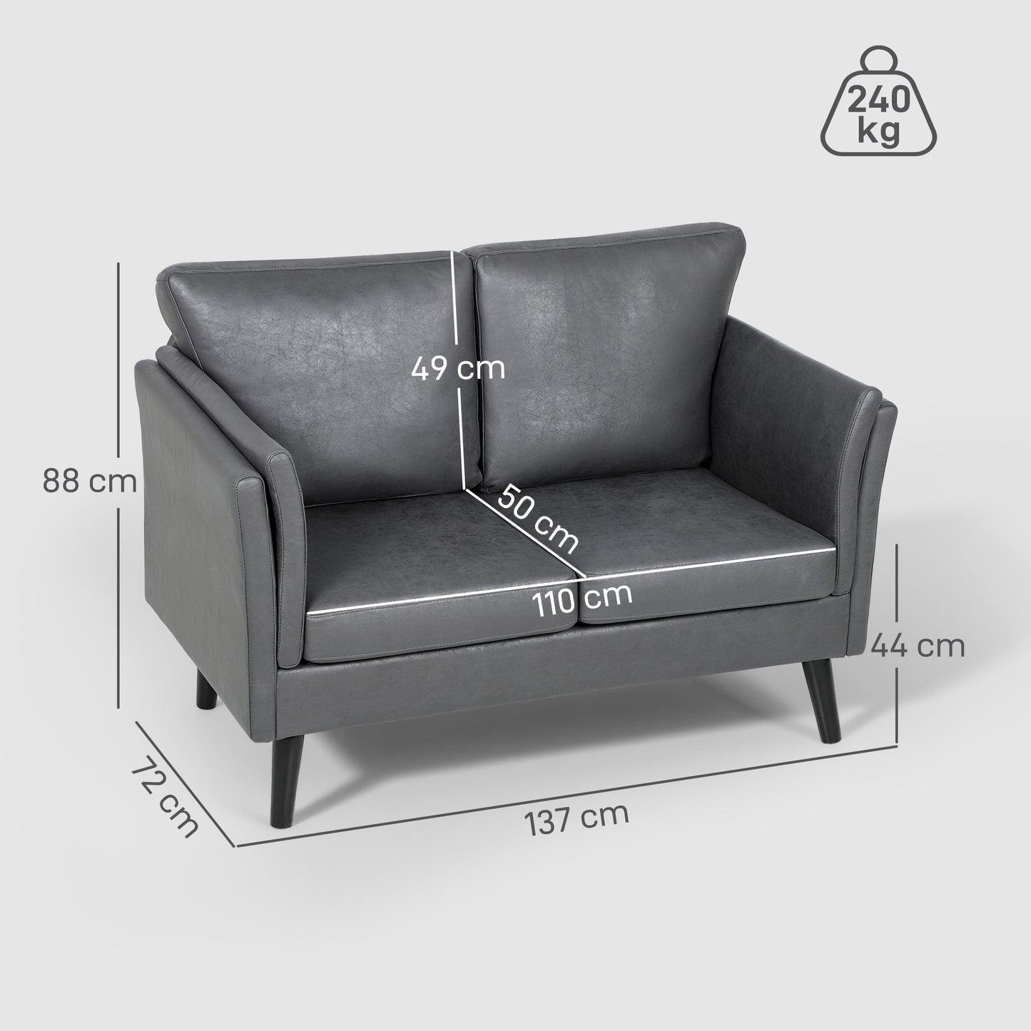 HOMCOM Two Seater Leathaire Sofa Grey With High Density Foam Cushions And Breathable Leather Look Upholstery