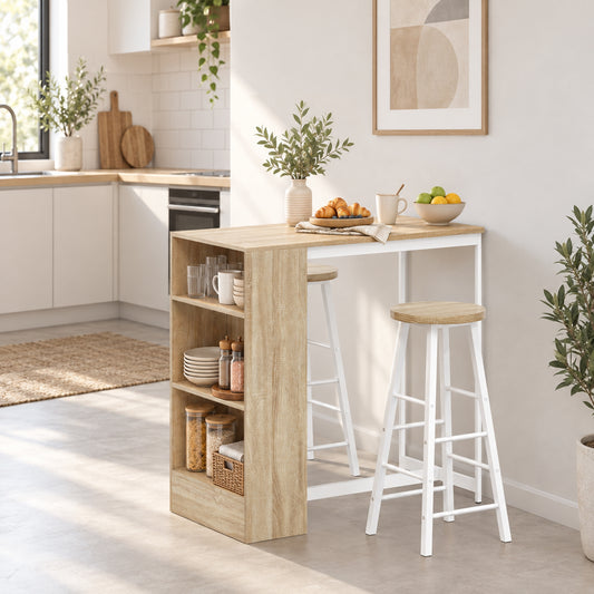 Breakfast bar table with 3-tier storage, light oak top, and two white bar stools