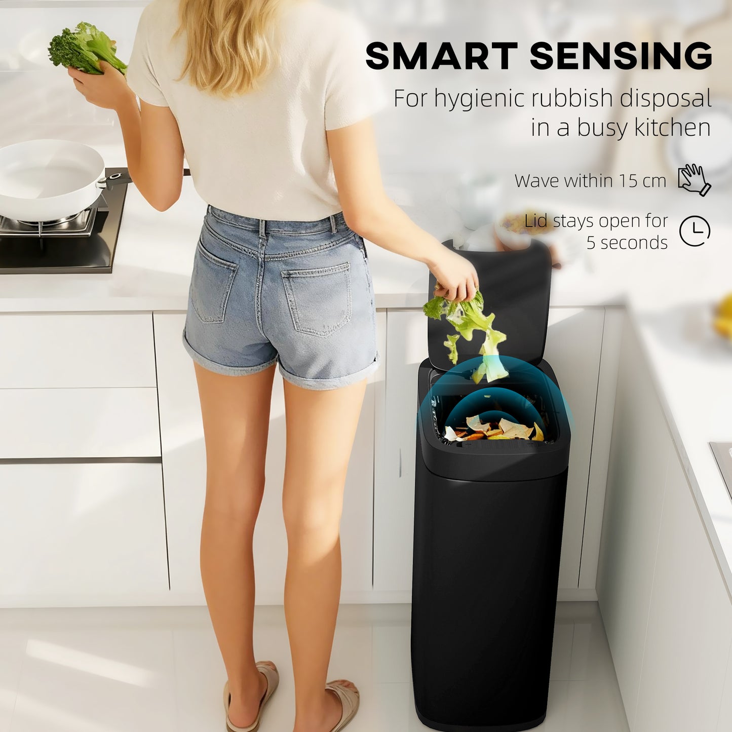 HOMCOM 50L Sensor Bin Automatic Trash Can With Manual Override Battery Powered Inner Bucket Free For Kitchen And Bedroom
