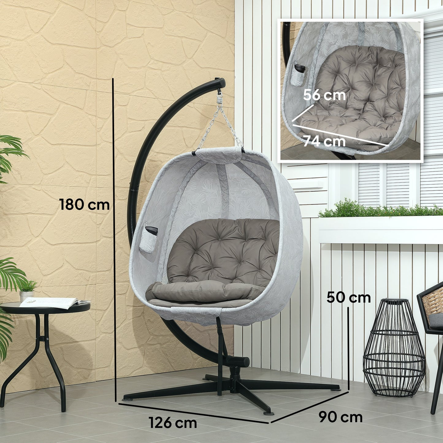 Outsunny Hanging Egg Chair With Stand And Folding Basket Thickened Cushion Cup Holder Sand Brown Patio Balcony Garden