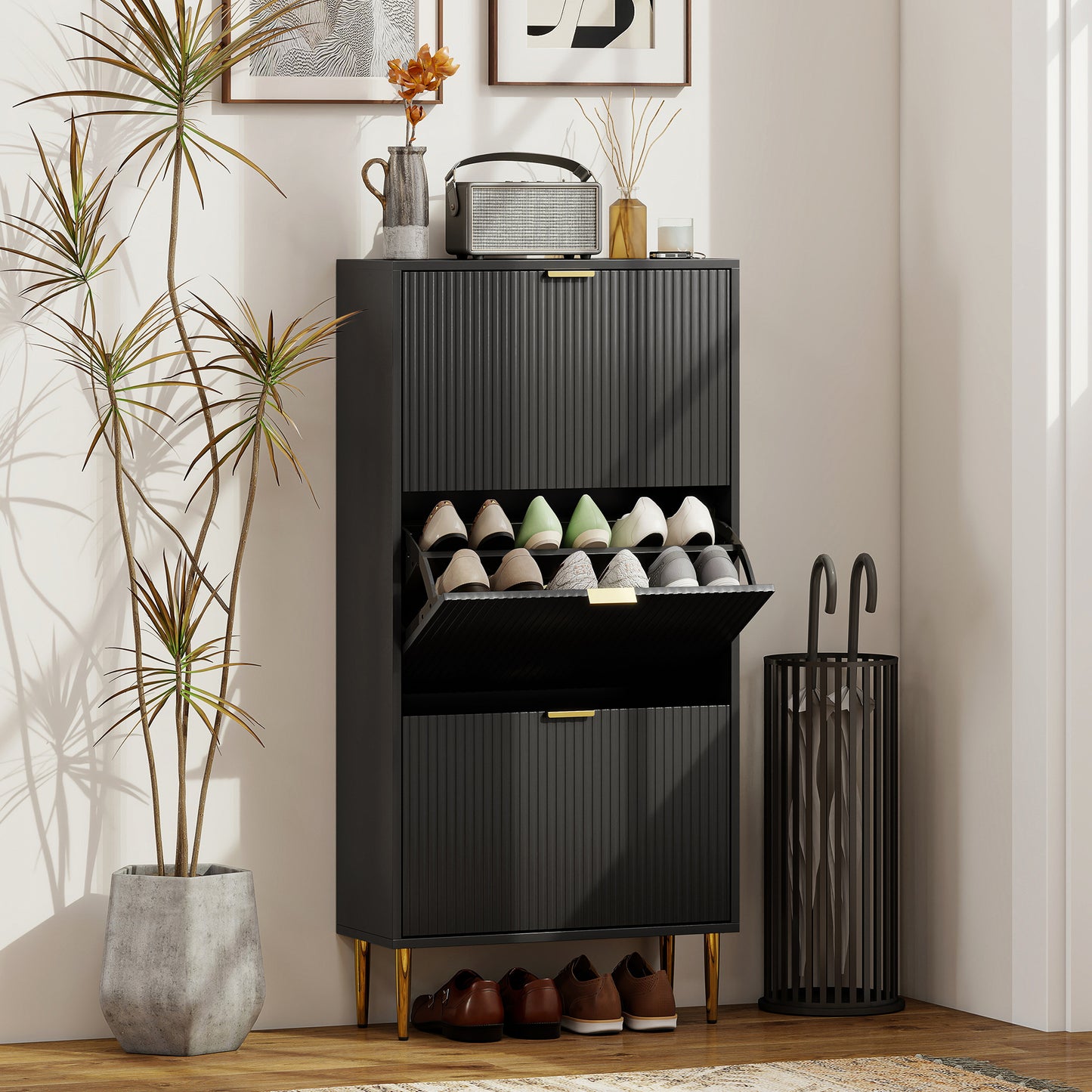 HOMCOM Elegant White Three Drawer Shoe Cabinet With Gold Accents Holds 9 To 18 Pairs And Adjustable Shelves