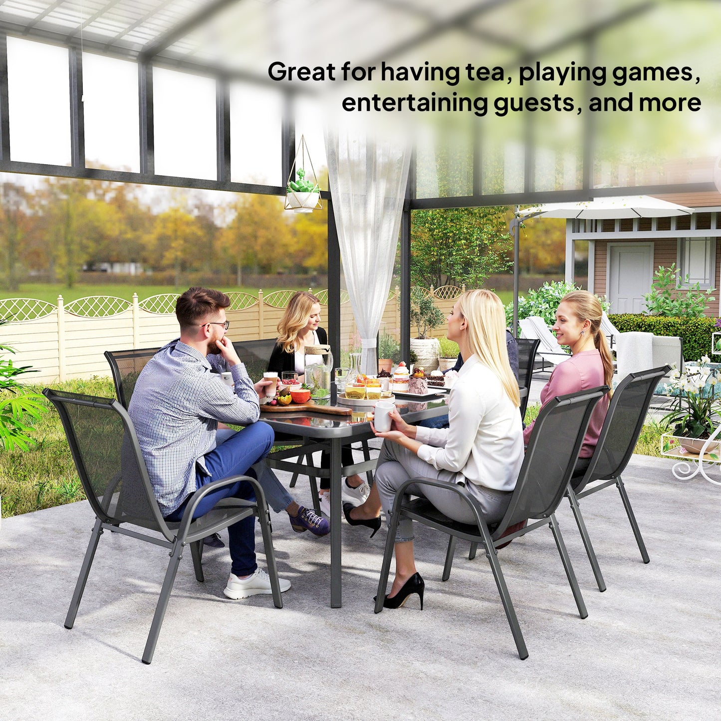 Outsunny Seven Piece Outdoor Dining Set Charcoal Grey With Round Glass Top Table Umbrella Hole Rust Resistant