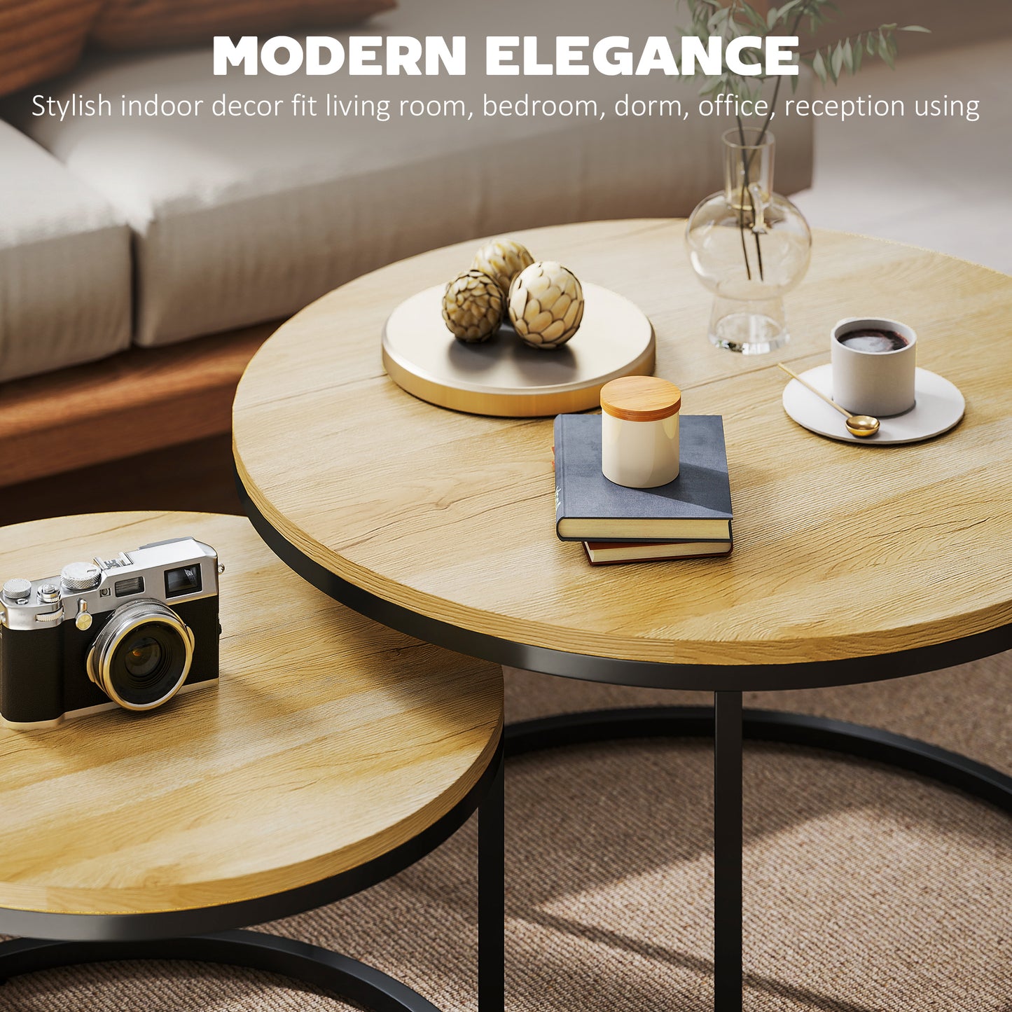 HOMCOM Wood Effect Nesting Tables Set of Two Natural Finish Stacking Side Tables for Living Room