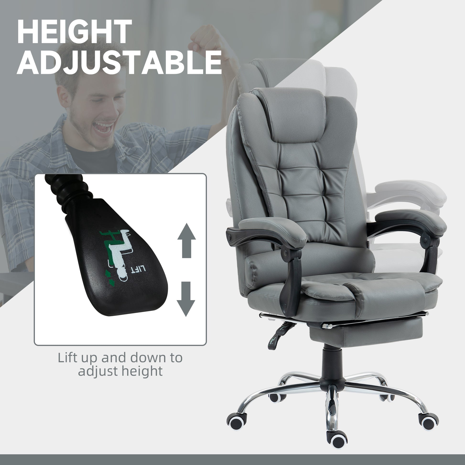 HOMCOM Ergonomic PU Leather Office Chair with Adjustable Features, Swivel Wheels, and Retractable Footrest - Grey - ALL4U RETAILER LTD