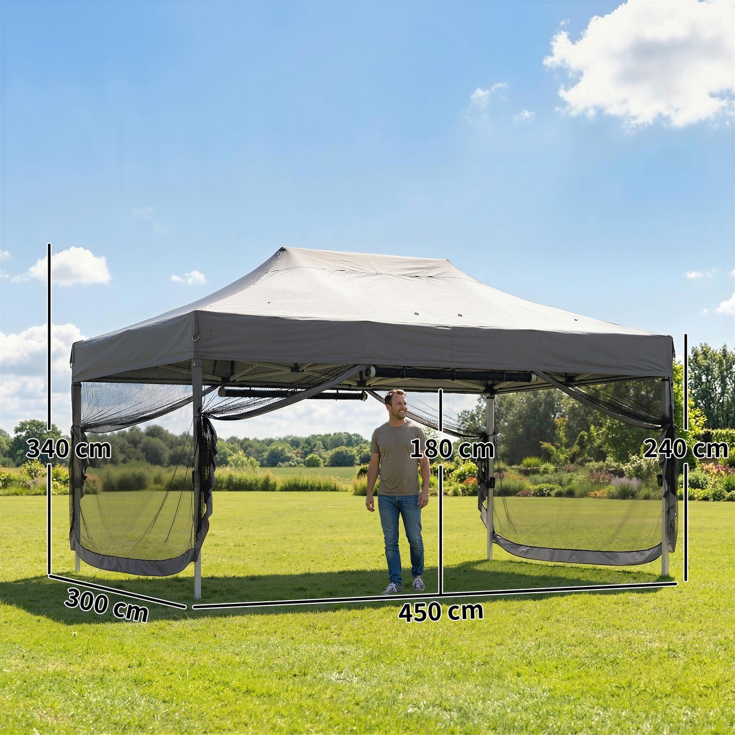 Outsunny 3 By 4.5 Meters Pop Up Gazebo With Mesh Netting UPF50 Plus Heavy Duty Outdoor Garden Tent Marquee Dark Grey