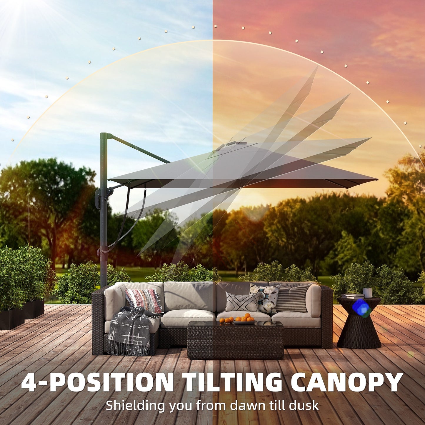 Outsunny 3m x 3m Cantilever Garden Parasol With Light And Cover, Wind Protection, 360 Degree Rotation, Grey