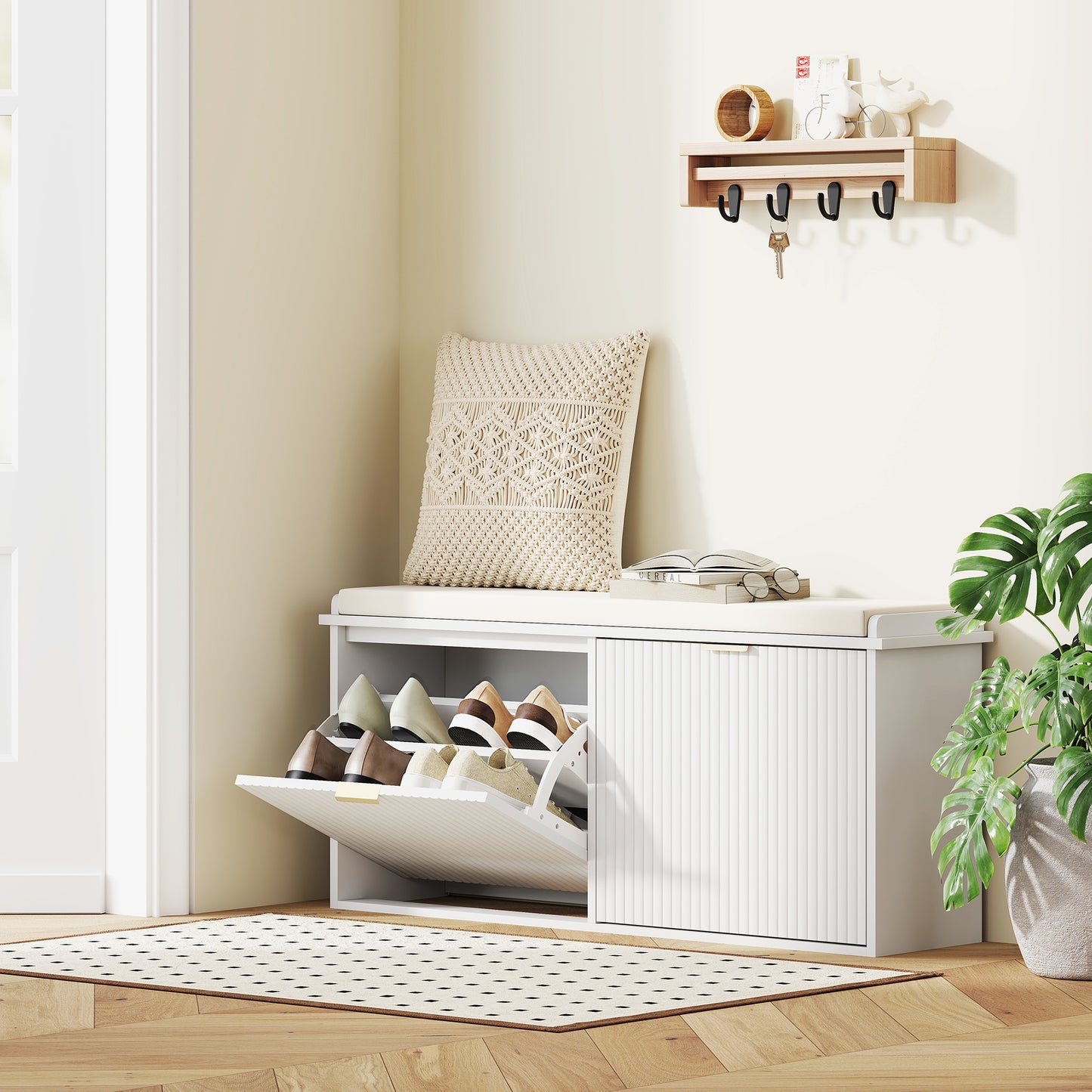 HOMCOM White Shoe Bench With Top Seat And Flip Drawer 240 Kg Capacity Linen Feel Cushion