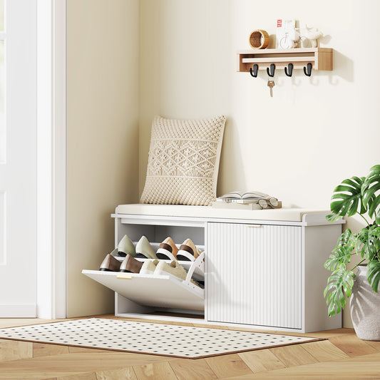 HOMCOM White Shoe Bench With Top Seat And Flip Drawer 240 Kg Capacity Linen Feel Cushion