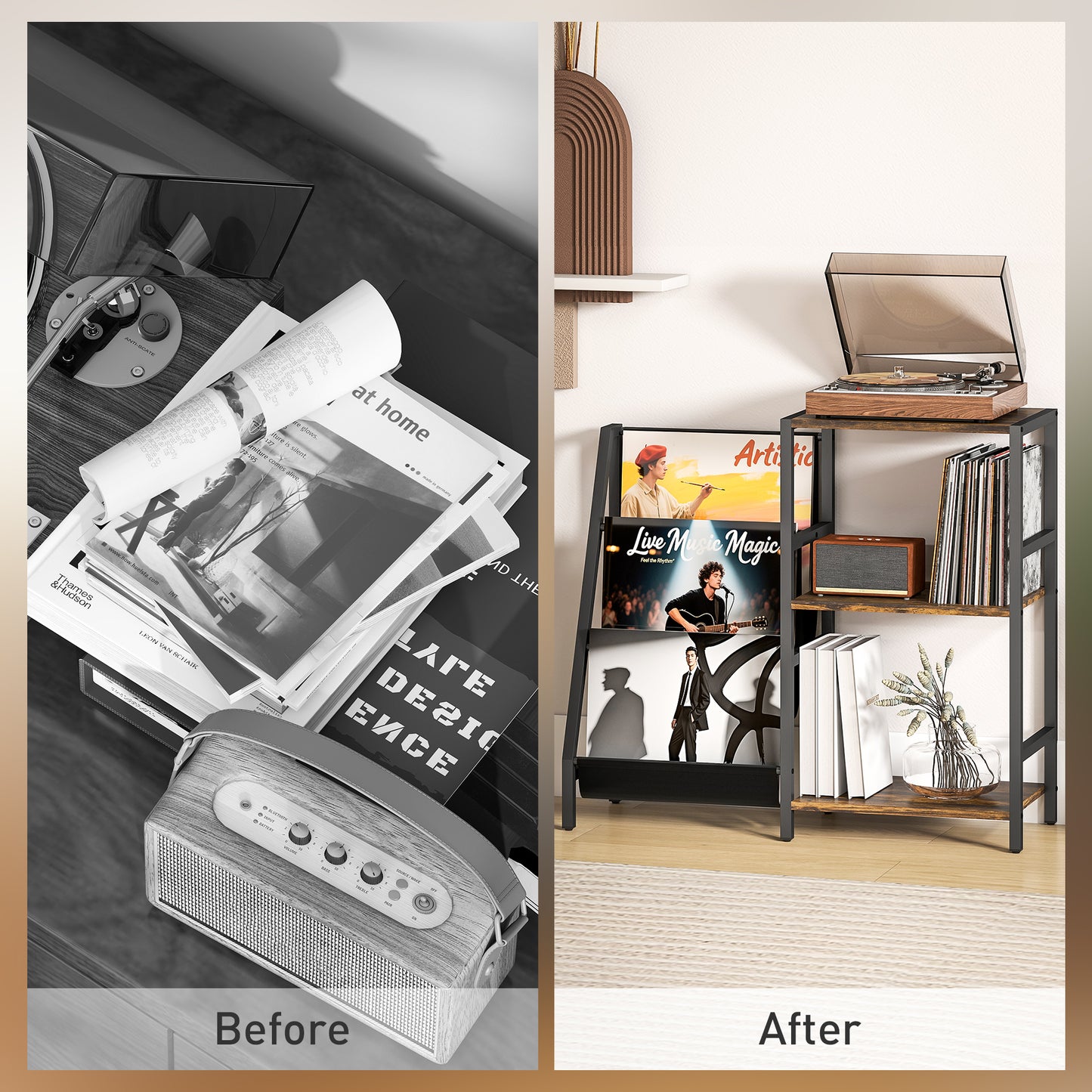 HOMCOM 3 Tier Record Player Stand End Table for Living Room and Bedroom Rustic Brown