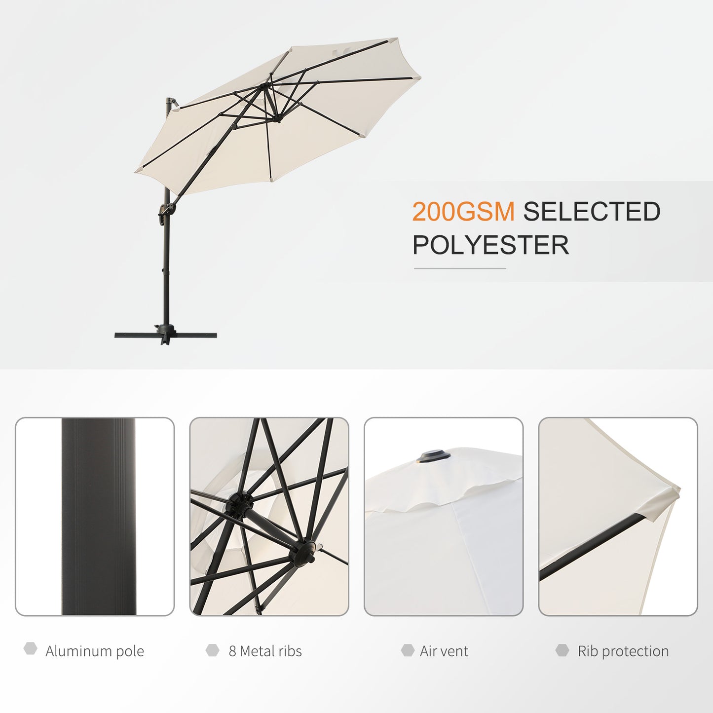 Outsunny 3m Cream White Cantilever Patio Umbrella with 360° Rotation and Cross Base - ALL4U RETAILER LTD