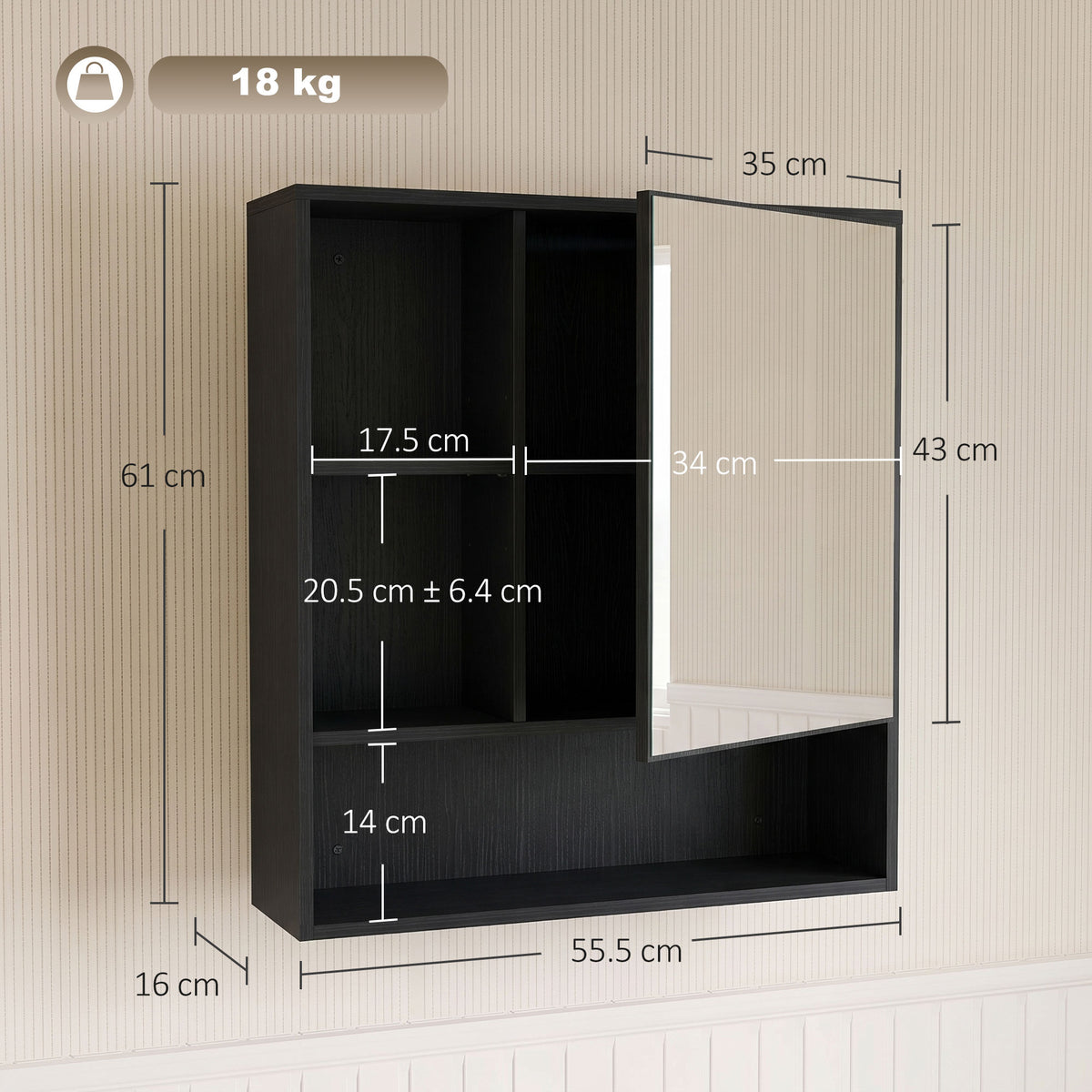 Black mirrored bathroom cabinet showing internal storage compartments and dimensions